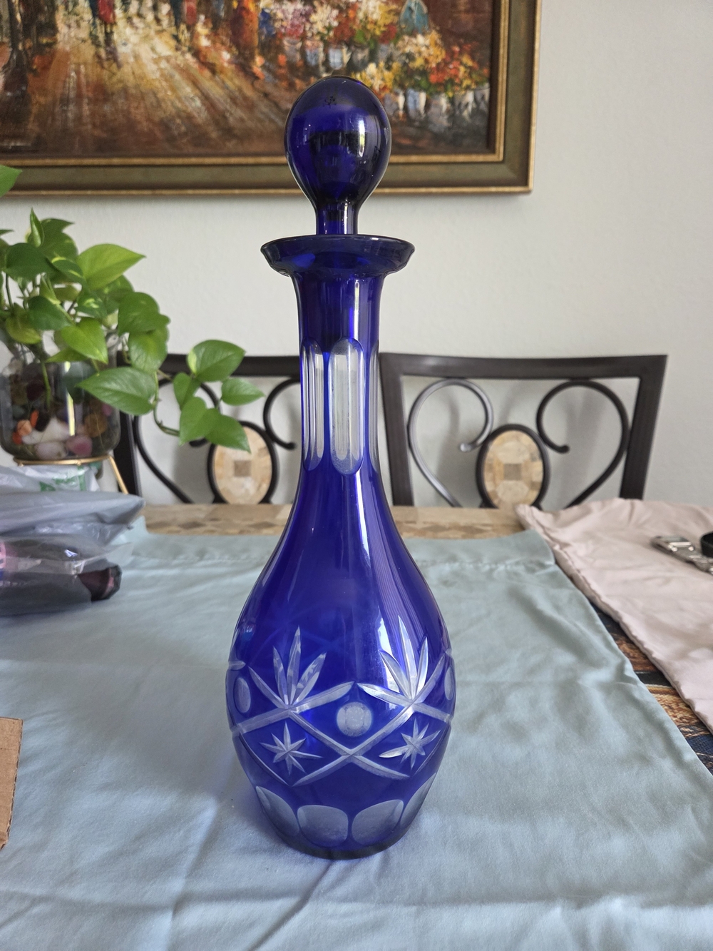 Cobalt Blue Cut-Glass Decanter with Stopper
